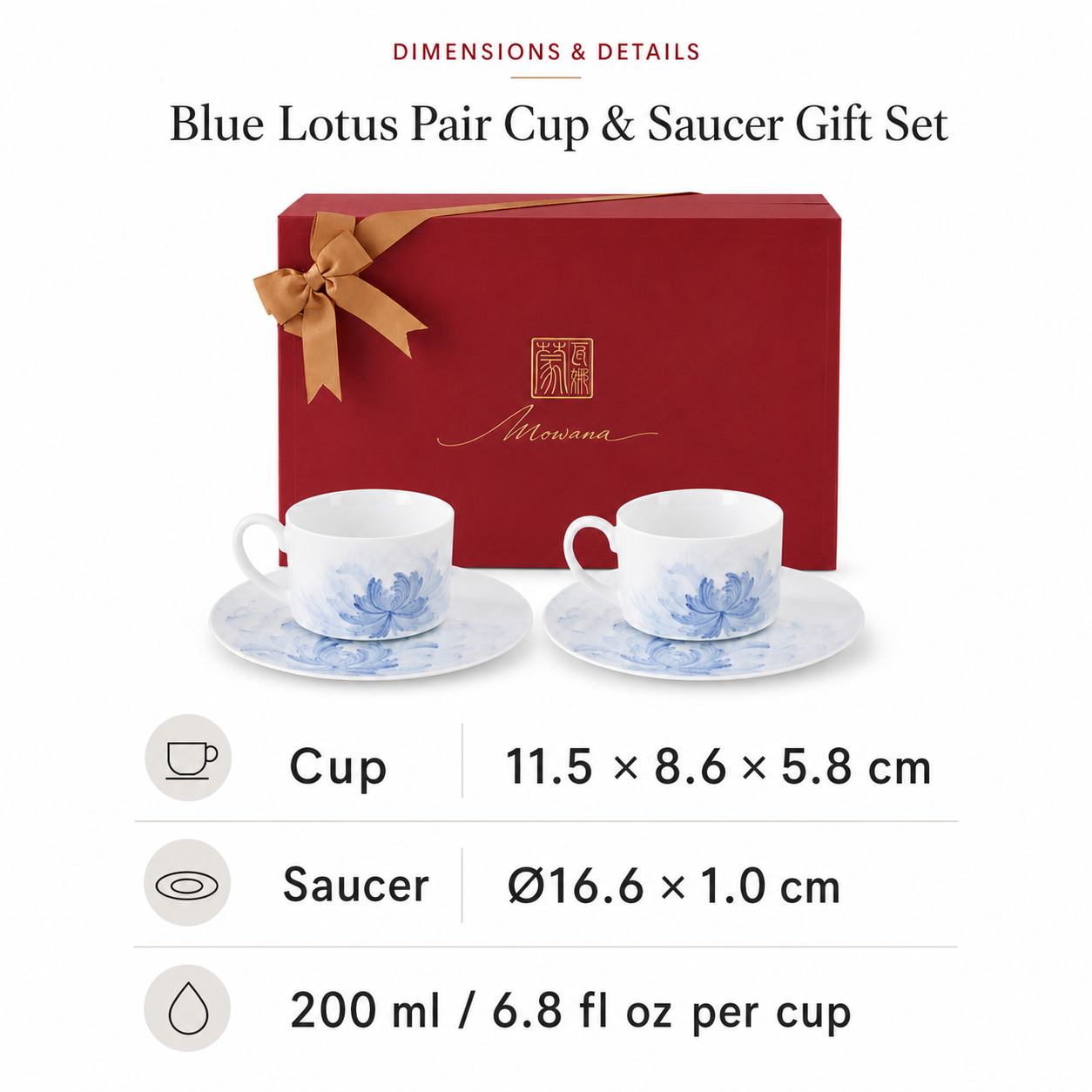 Blue Lotus Pair Cup and Saucer Gift Set dimensions