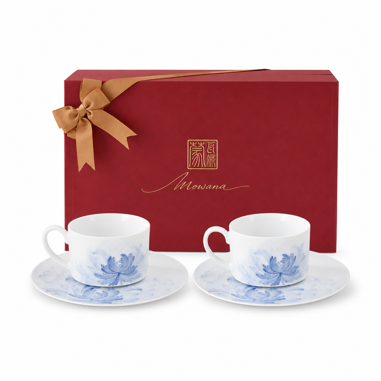 Blue Lotus Pair Cup & Saucer Gift Set on white background