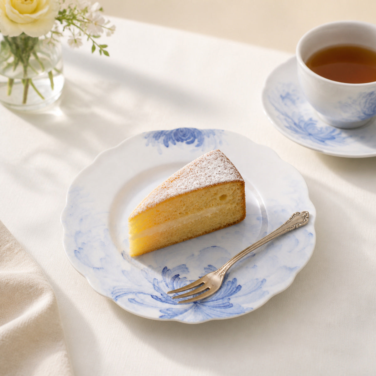 Blue Lotus Plate serving cake in an afternoon tea setting
