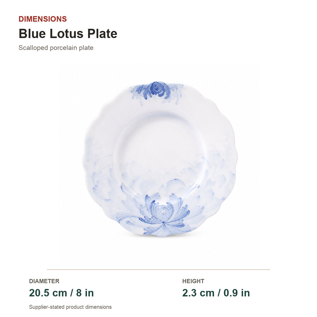 Blue Lotus Plate supplier-stated dimensions on a pure white background