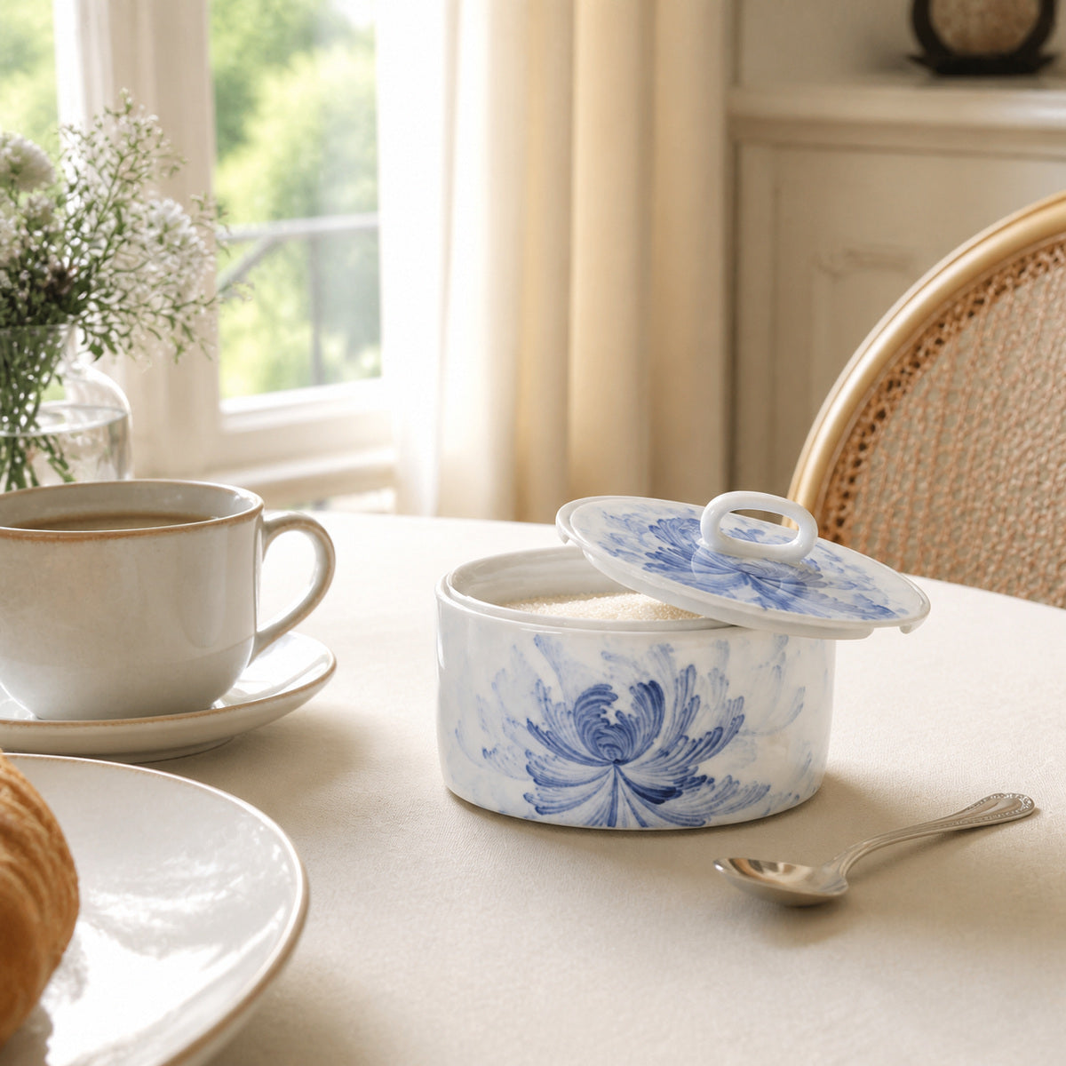 Blue Lotus Sugar Jar in a breakfast coffee setting