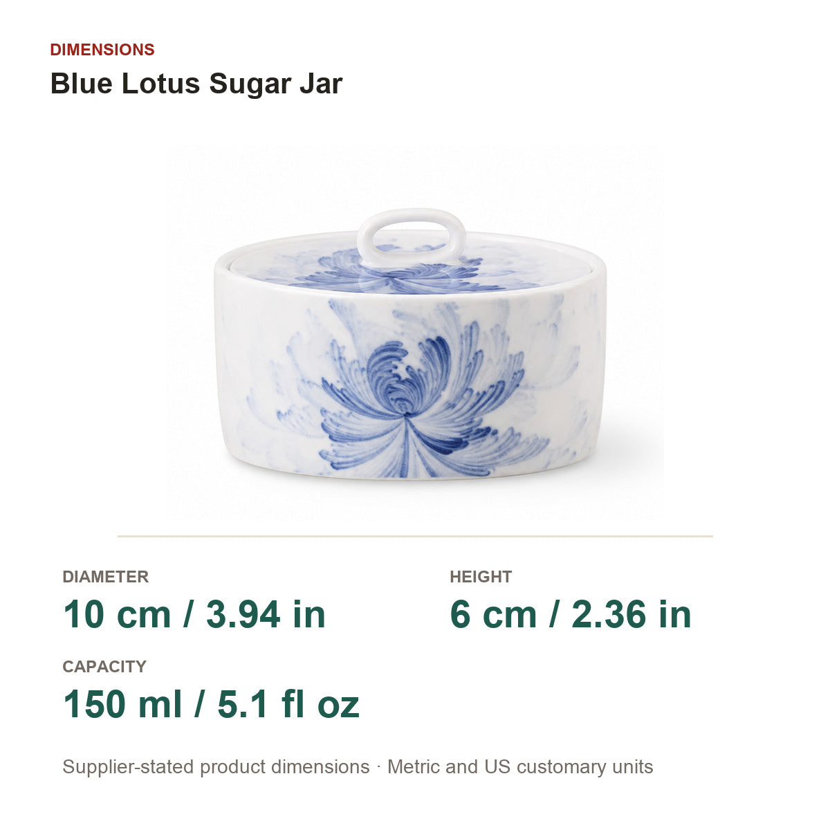 Blue Lotus Sugar Jar dimensions: 10 centimetres diameter, 6 centimetres high, 150 millilitres