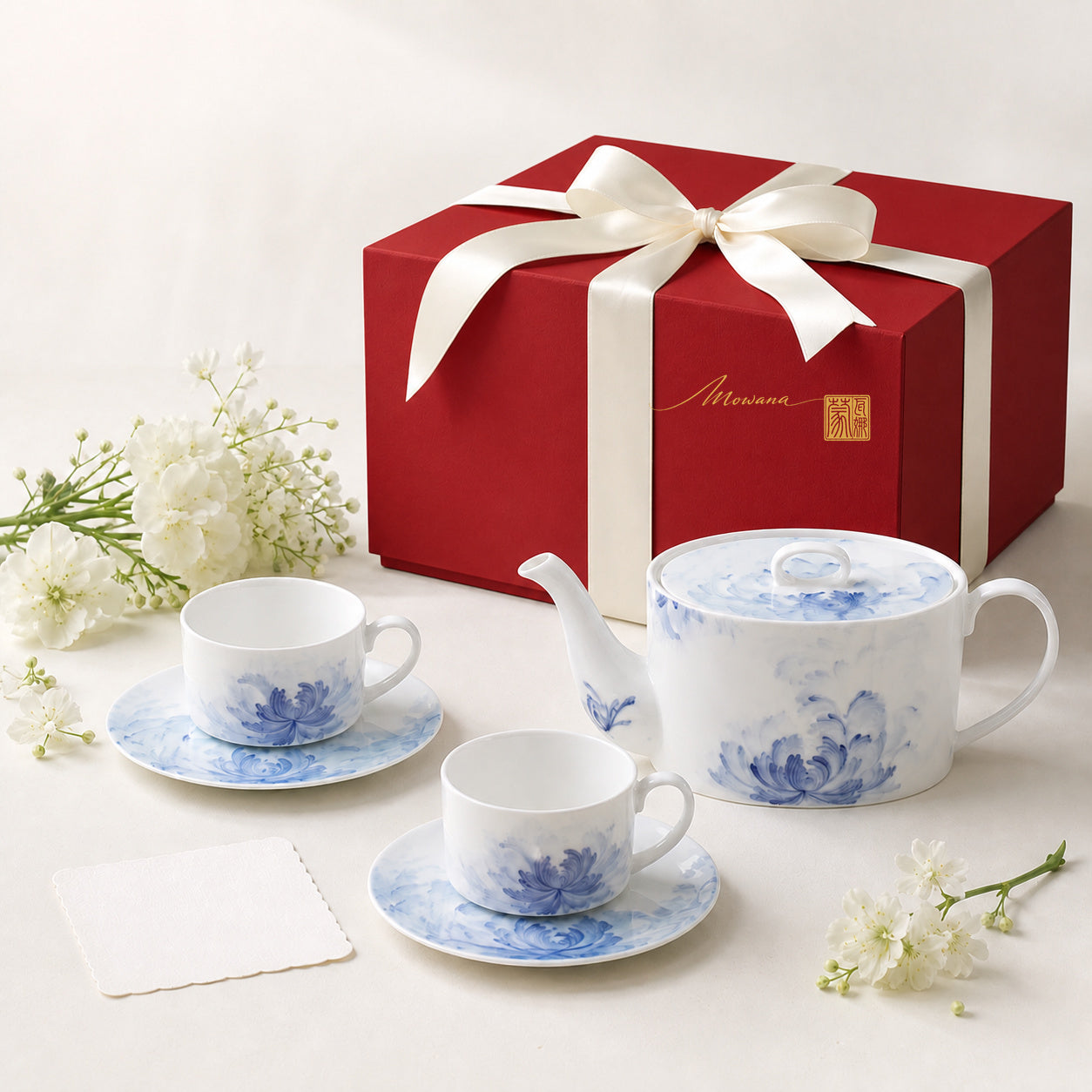 Blue Lotus two-place gift set with red MOWANA gift box
