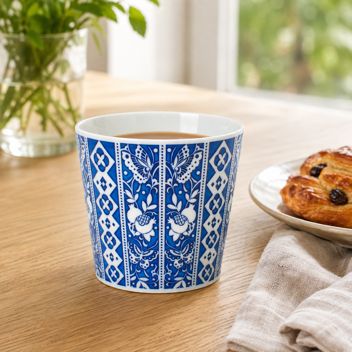 Blue and White Choko Cup in a warm breakfast setting; props not included