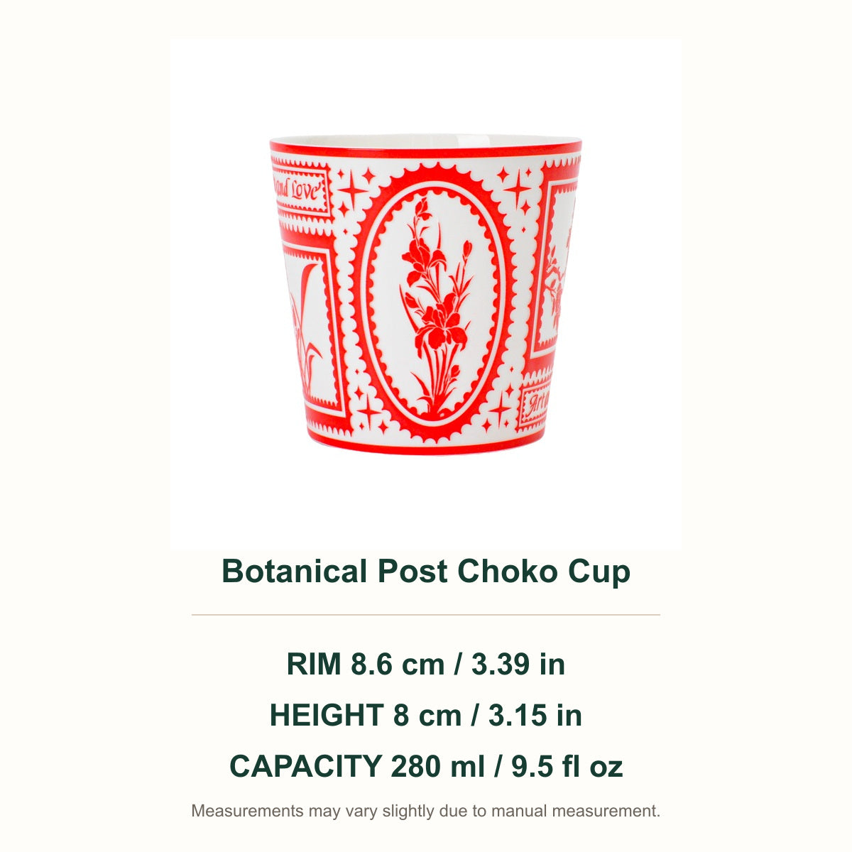 Botanical Post Choko Cup dimensions — 8.6 cm rim, 8 cm height, 280 ml