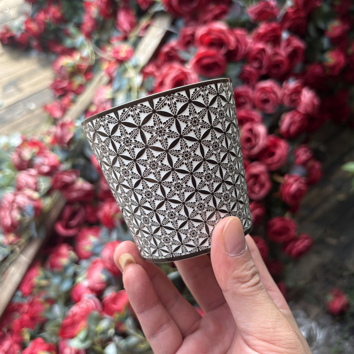 black Geometric Blossom Choko Cup — real product photograph