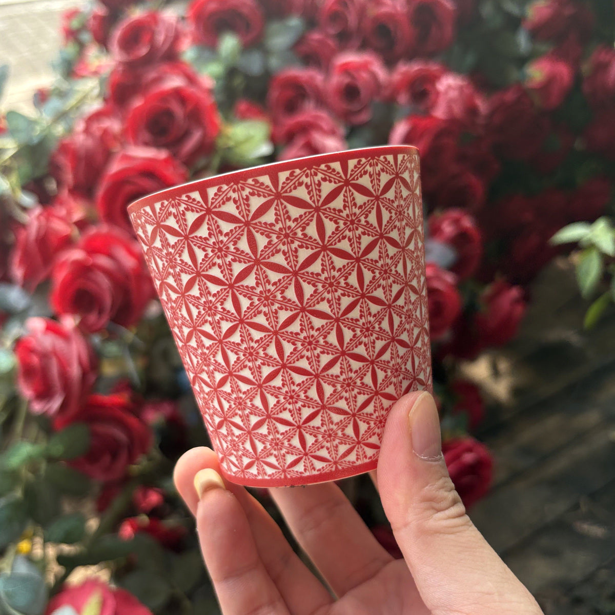 red Geometric Blossom Choko Cup — real product photograph