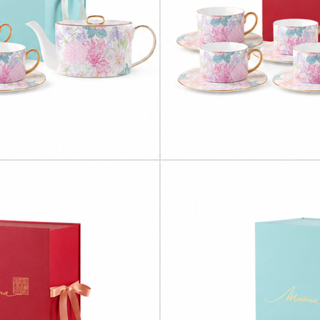 Courtyard Blossom four-cup tea gift set with sky-blue MOWANA box