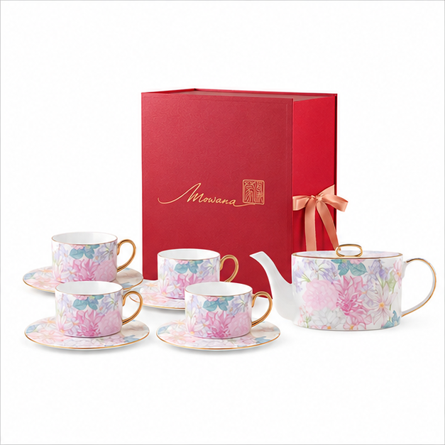 Courtyard Blossom four-cup tea gift set with red MOWANA box