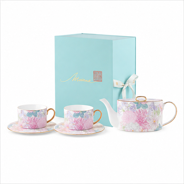 Courtyard Blossom two-cup tea gift set with sky-blue MOWANA box