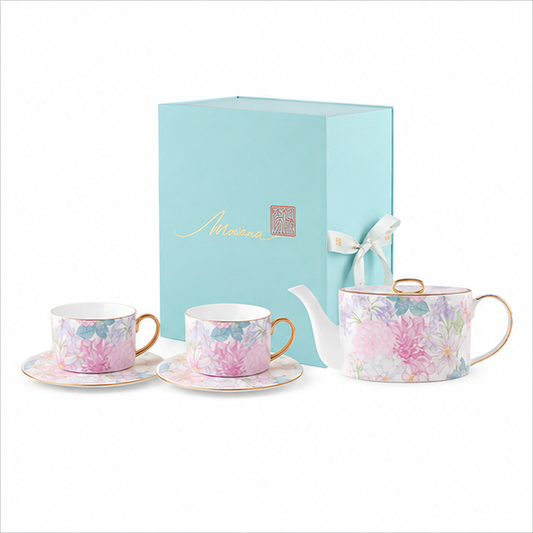 Courtyard Blossom two-cup tea gift set with sky-blue MOWANA box