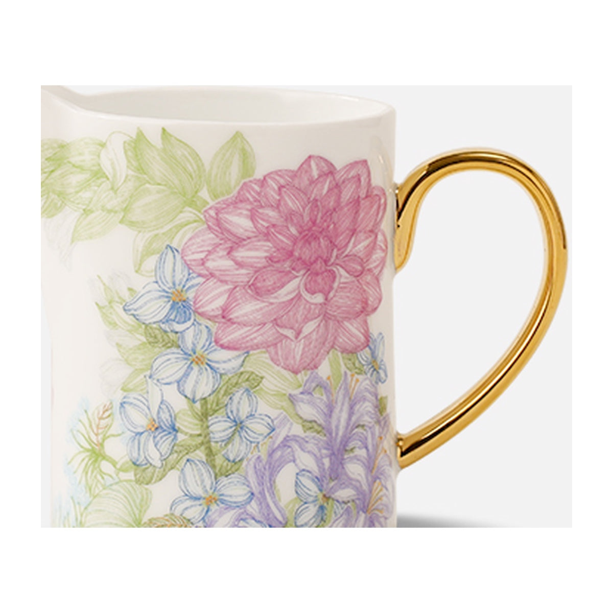 Courtyard Blossom Creamer floral decoration and gold-toned handle detail