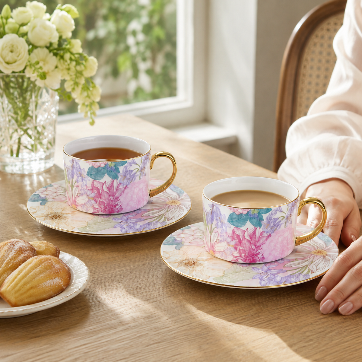 Two Courtyard Blossom cups and saucers with tea and café au lait