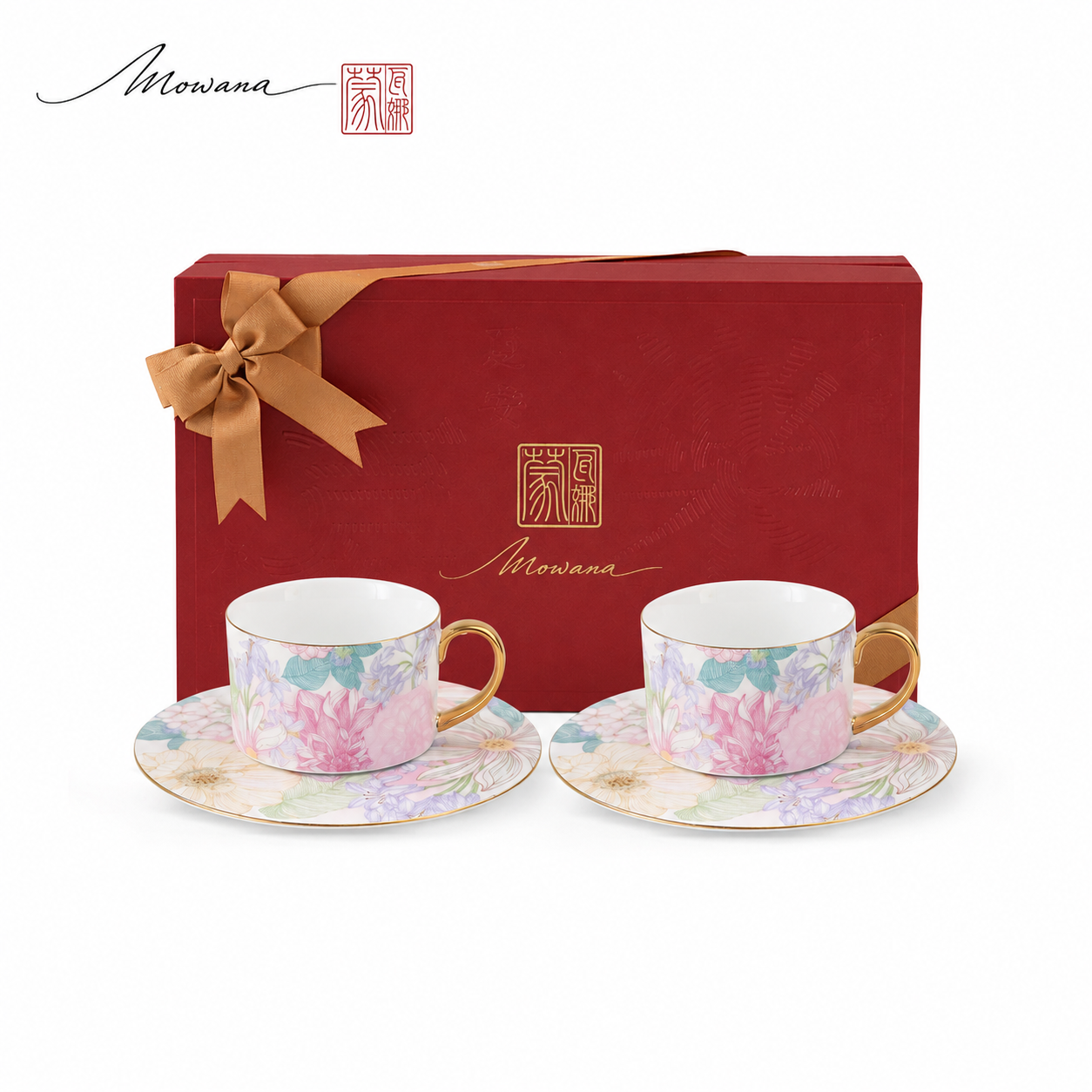 Courtyard Blossom pair cup and saucer gift set with red MOWANA box