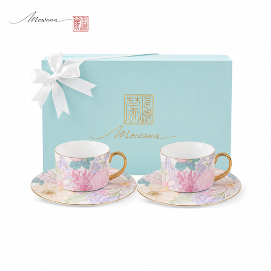 Courtyard Blossom pair cup and saucer gift set with sky-blue MOWANA box