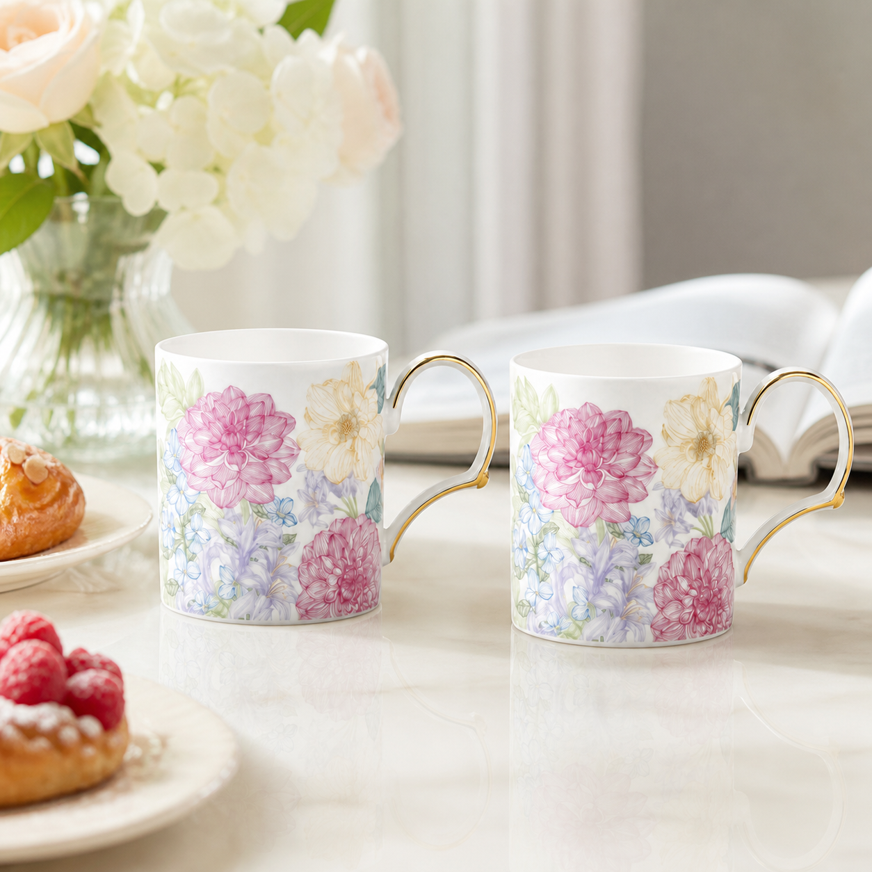 Courtyard Blossom pair mug coffee and tea scene