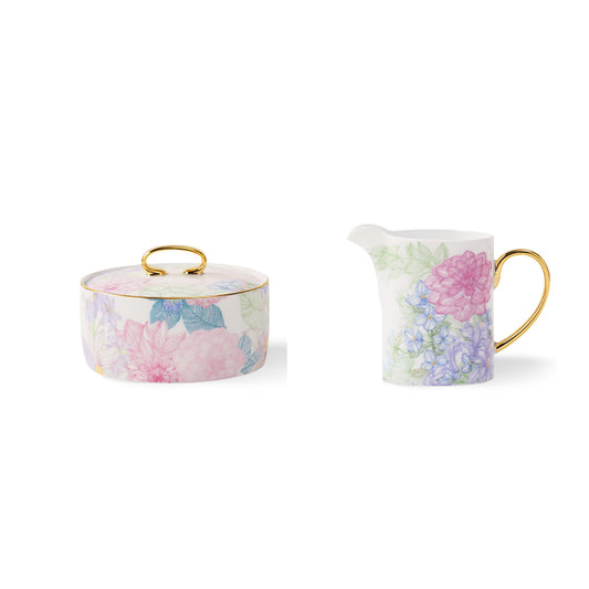 Courtyard Blossom sugar jar and creamer — complete silhouettes on white