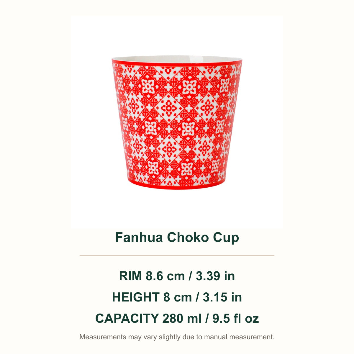 Fanhua Choko Cup dimensions — 8.6 cm rim, 8 cm height, 280 ml
