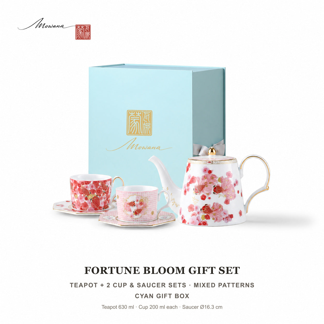 Fortune Bloom tea gift set with teapot, two cup and saucer sets, and cyan gift box