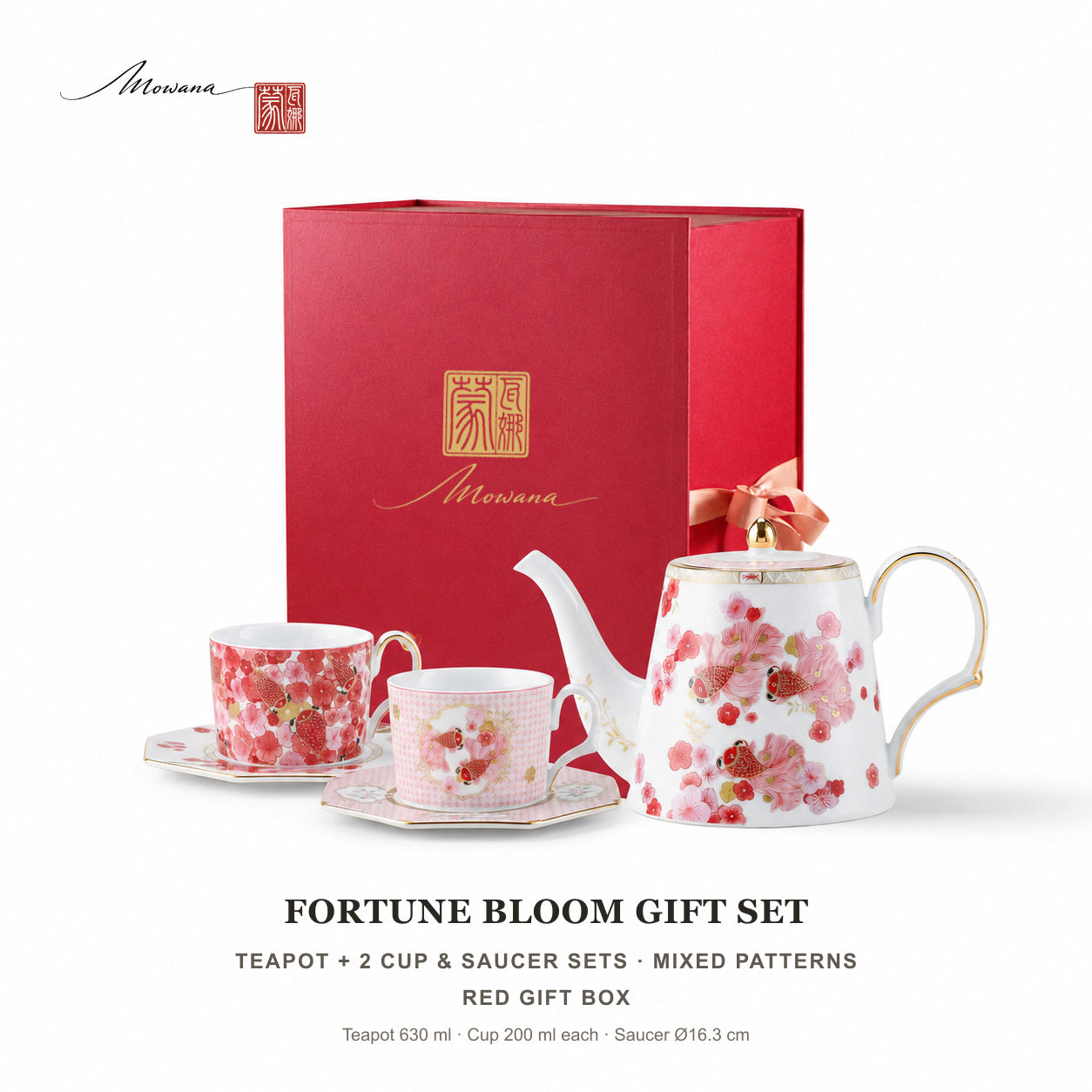 Fortune Bloom tea gift set with teapot, two cup and saucer sets, and red gift box