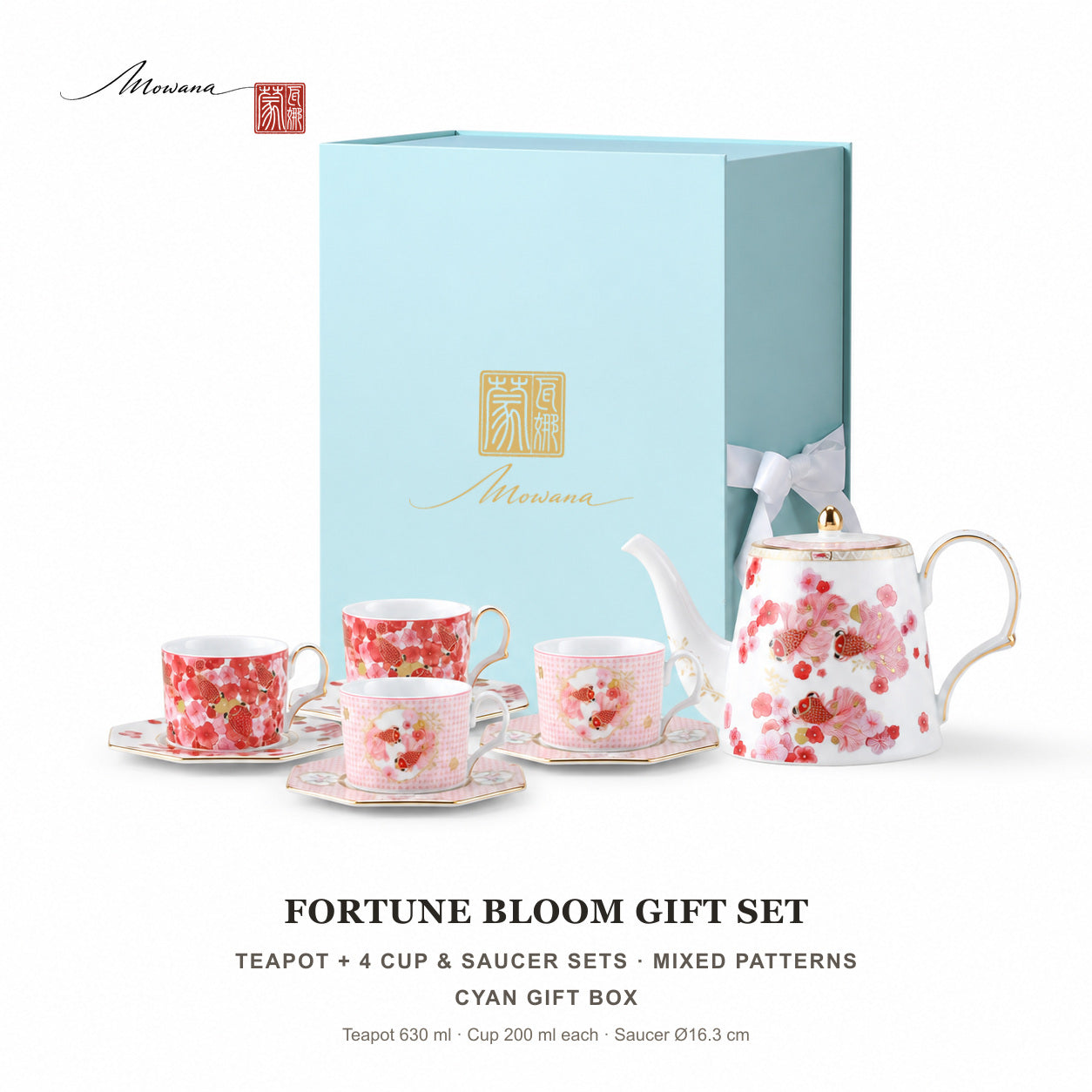 Fortune Bloom tea gift set with teapot, four cup and saucer sets, and cyan gift box