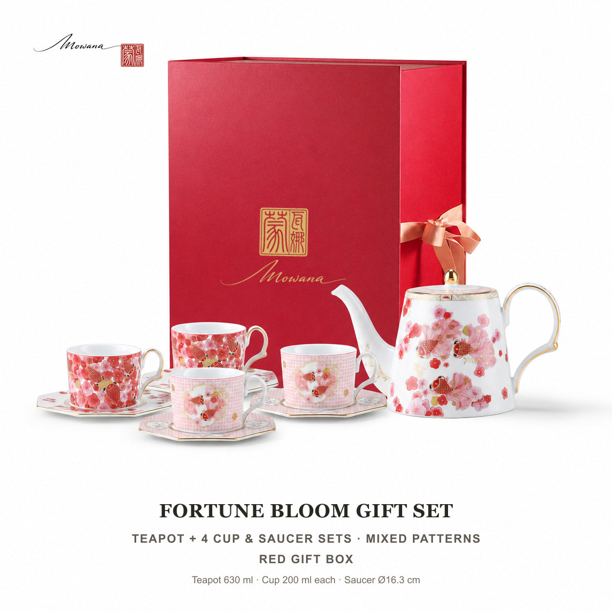 Fortune Bloom tea gift set with teapot, four cup and saucer sets, and red gift box