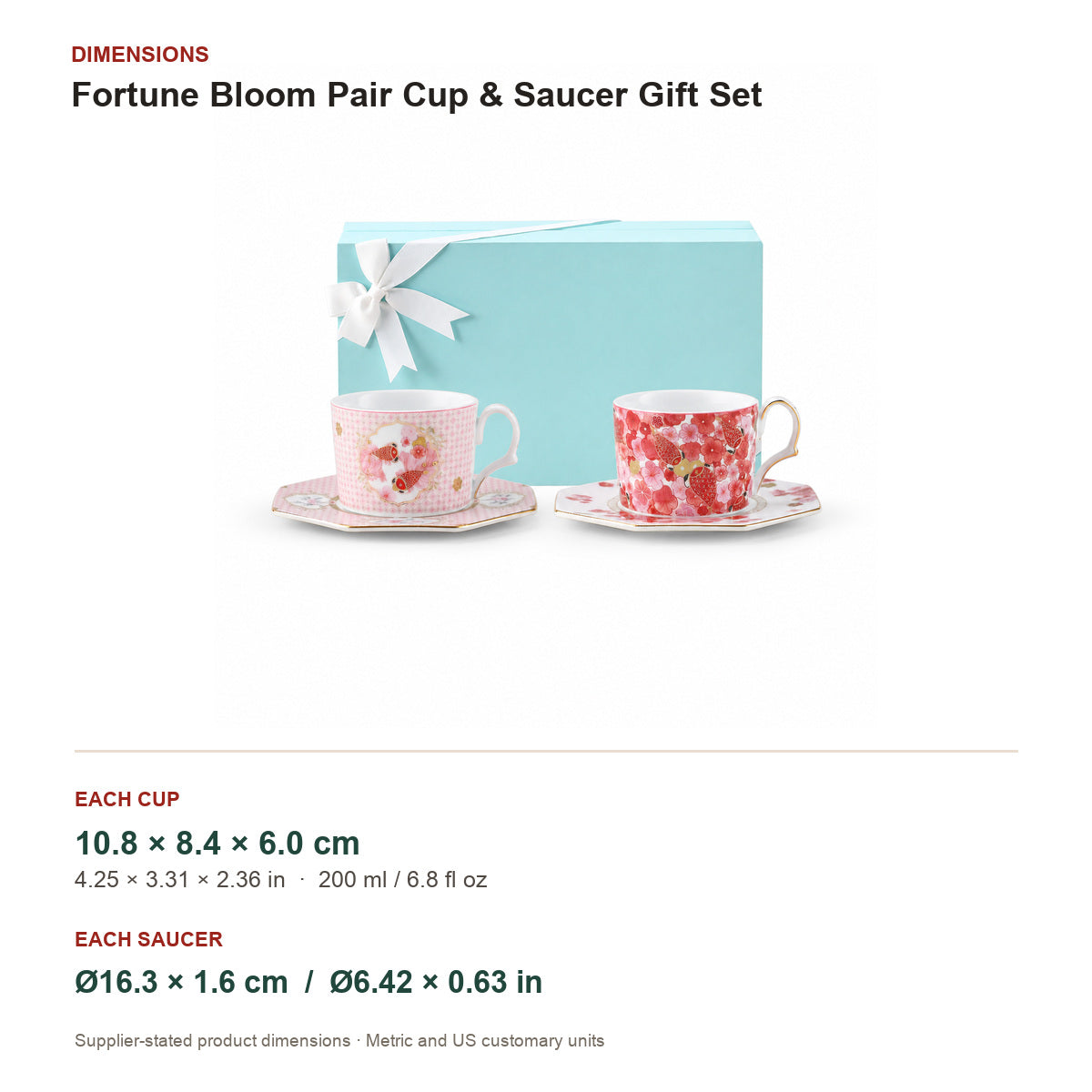 Fortune Bloom pair cup and saucer supplier-stated dimensions