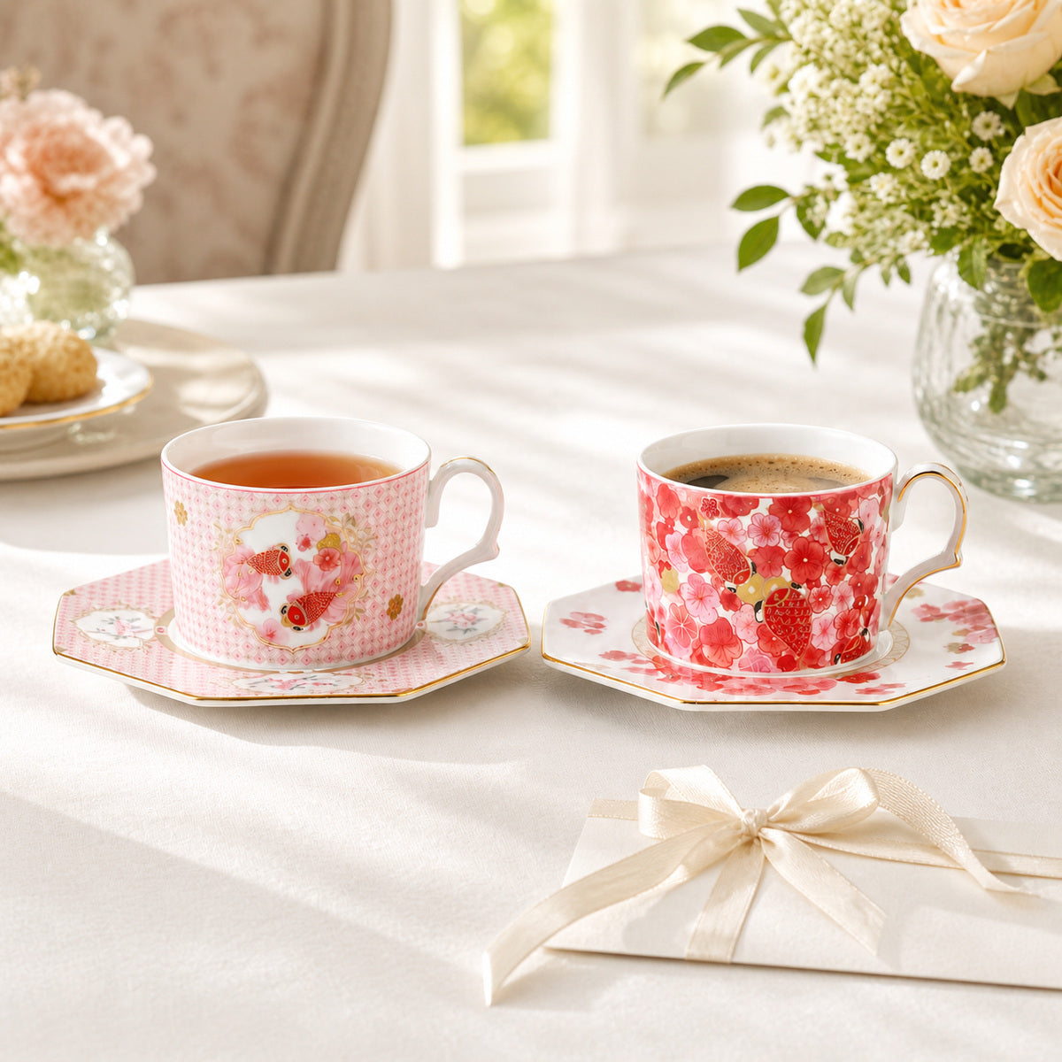 Fortune Bloom pair cup and saucer set in an elegant gifting tea scene
