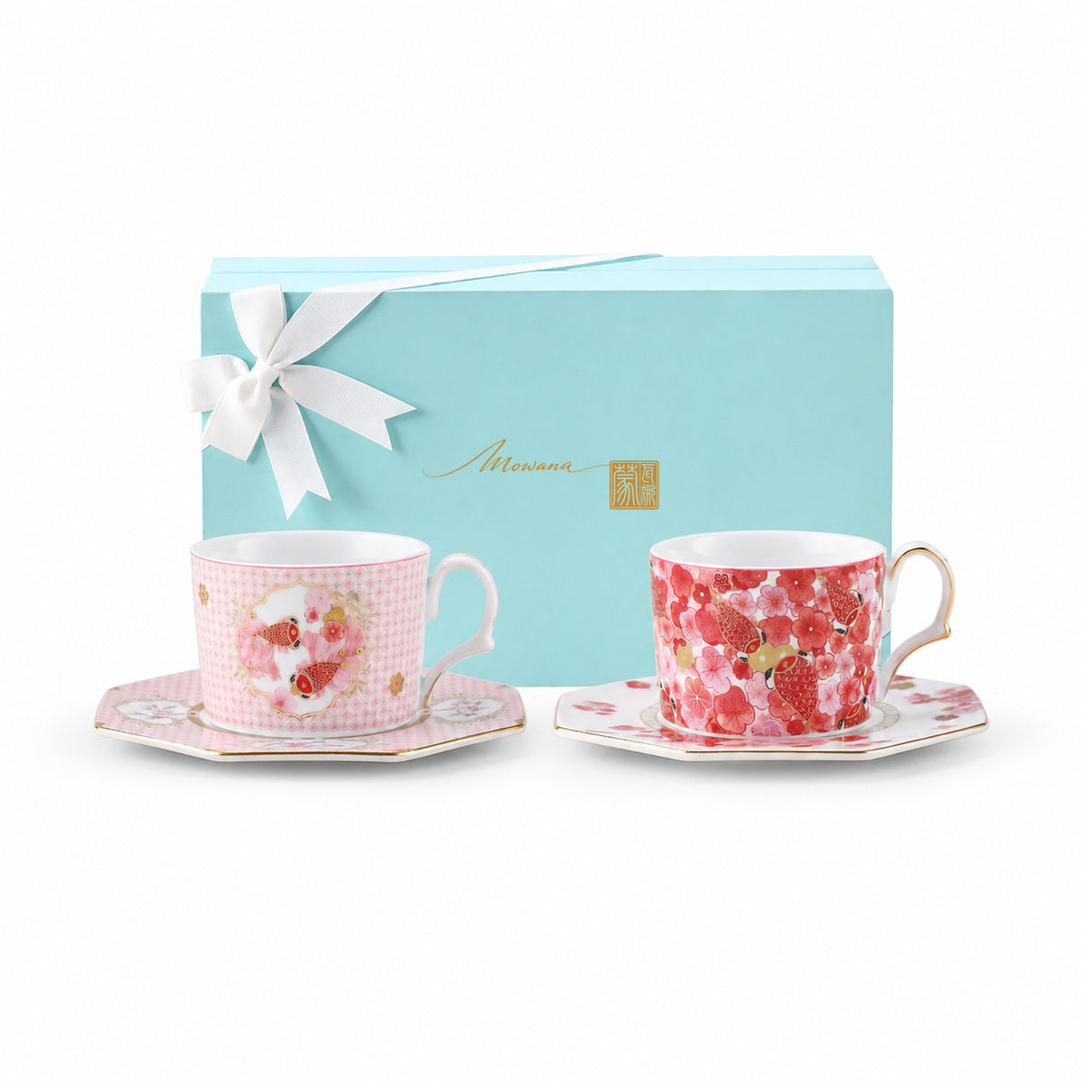 Fortune Bloom pair cup and saucer gift set with pale blue MOWANA gift box