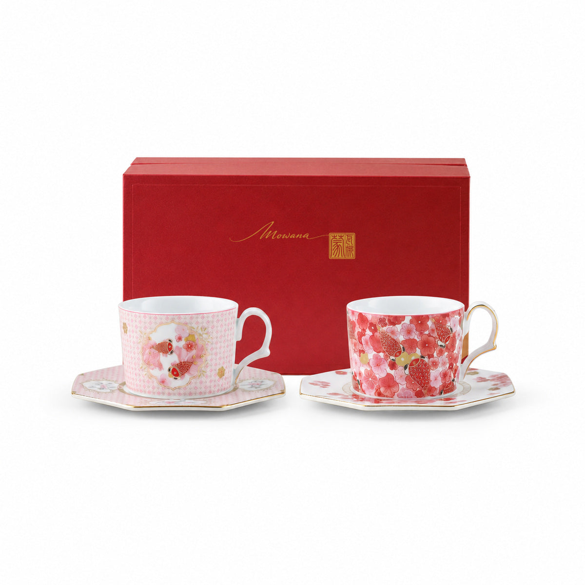 Fortune Bloom pair cup and saucer gift set with red MOWANA gift box