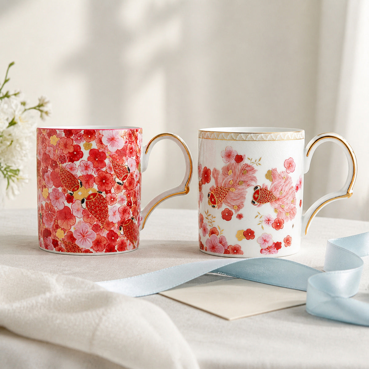 Fortune Bloom pair mugs arranged for gifting