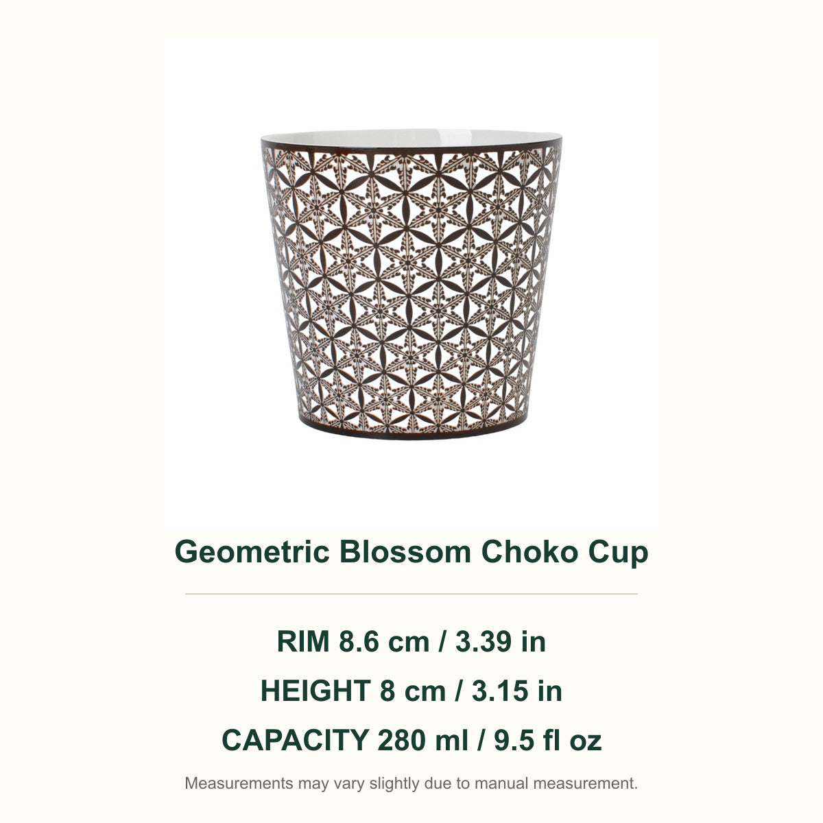 Geometric Blossom Choko Cup dimensions — 8.6 cm rim, 8 cm height, 280 ml
