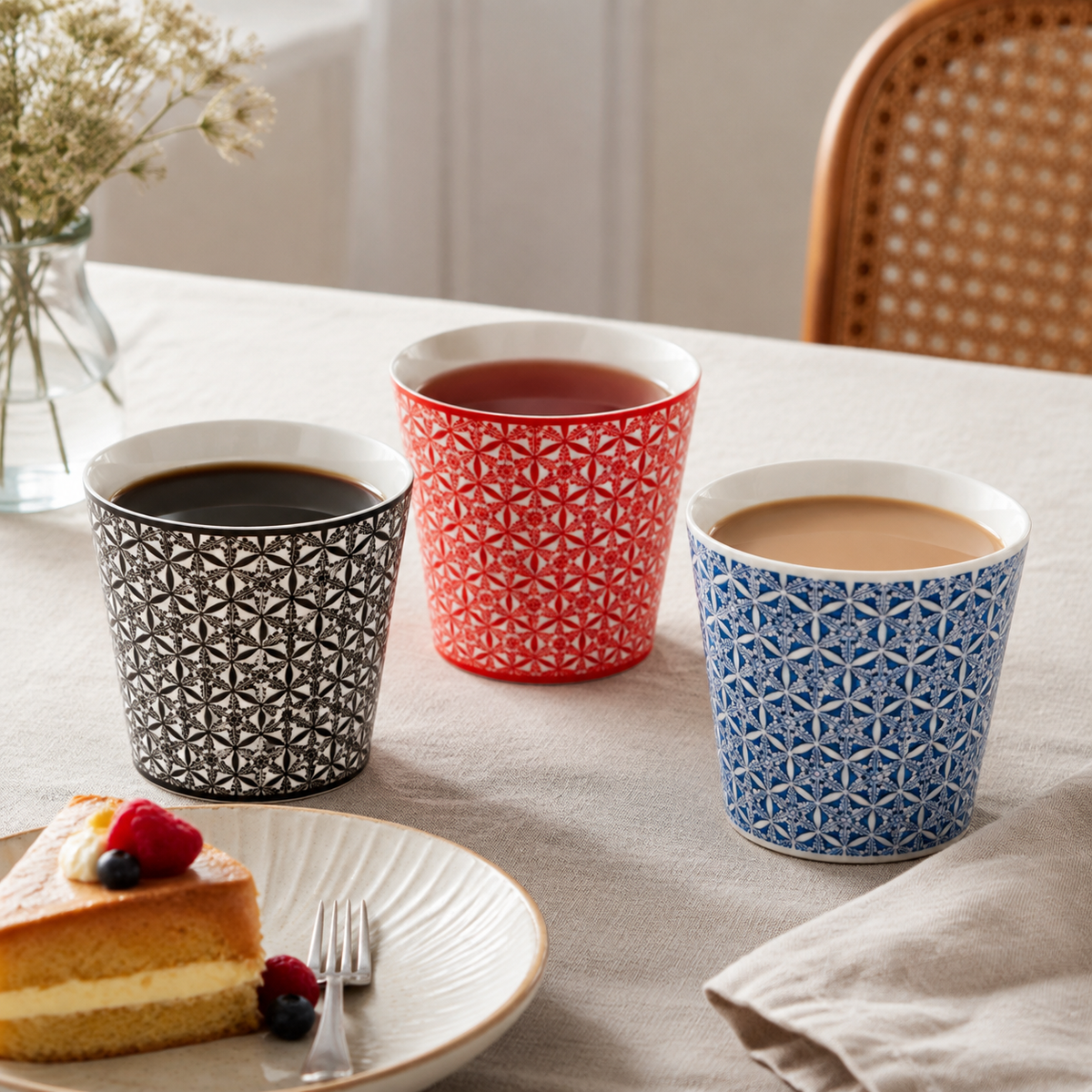 Geometric Blossom Choko Cups with coffee, tea and cake