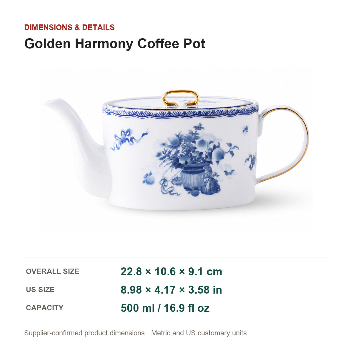 Golden Harmony Coffee Pot dimensions: 22.8 by 10.6 by 9.1 cm, 500 ml