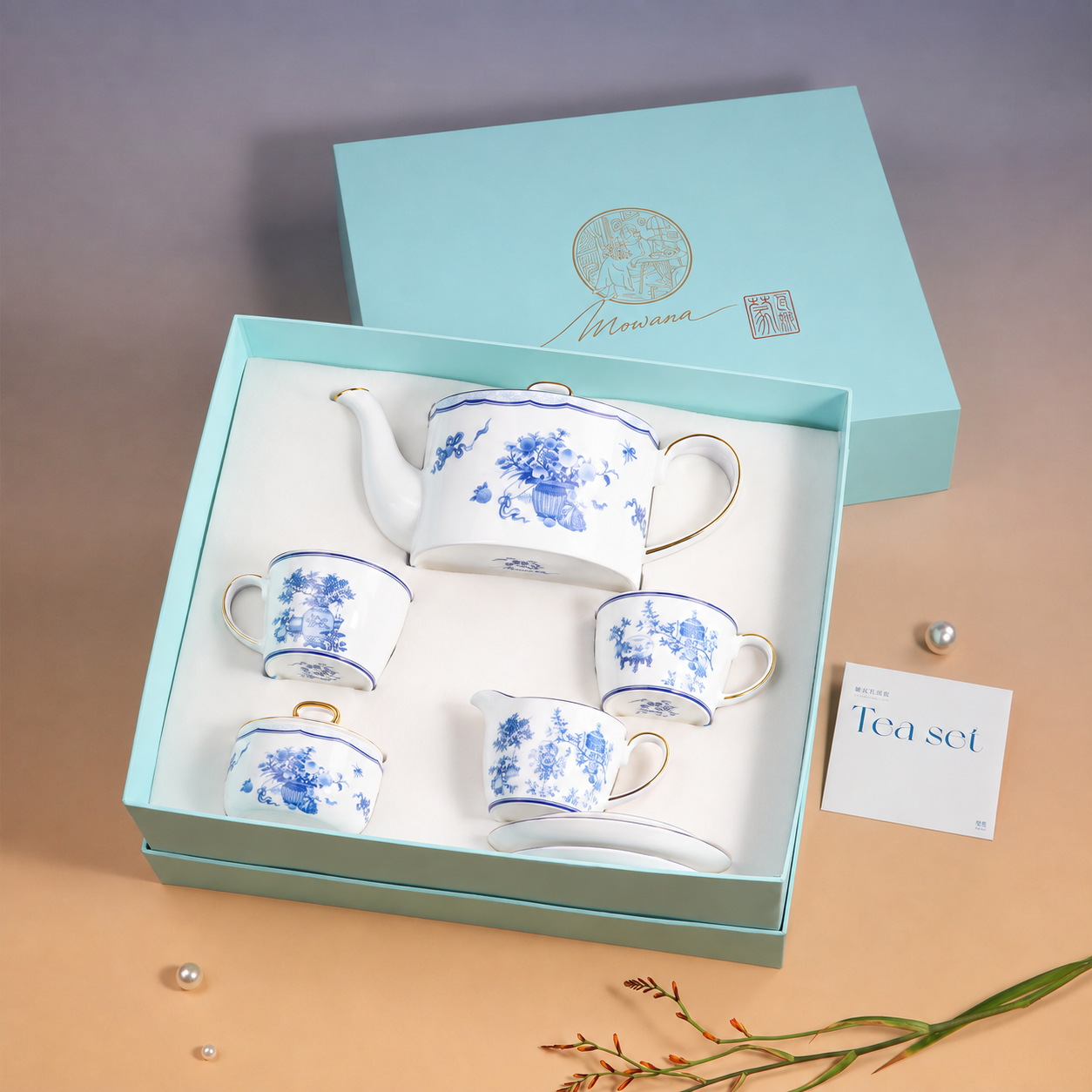 Golden Harmony complete tea gift set presented in open MOWANA gift box