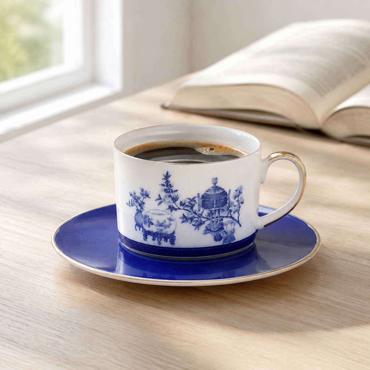 Golden Harmony cup and saucer with morning coffee