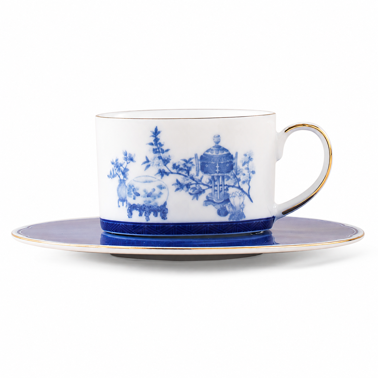 Golden Harmony cup and saucer showing blue decoration and fine gold accents