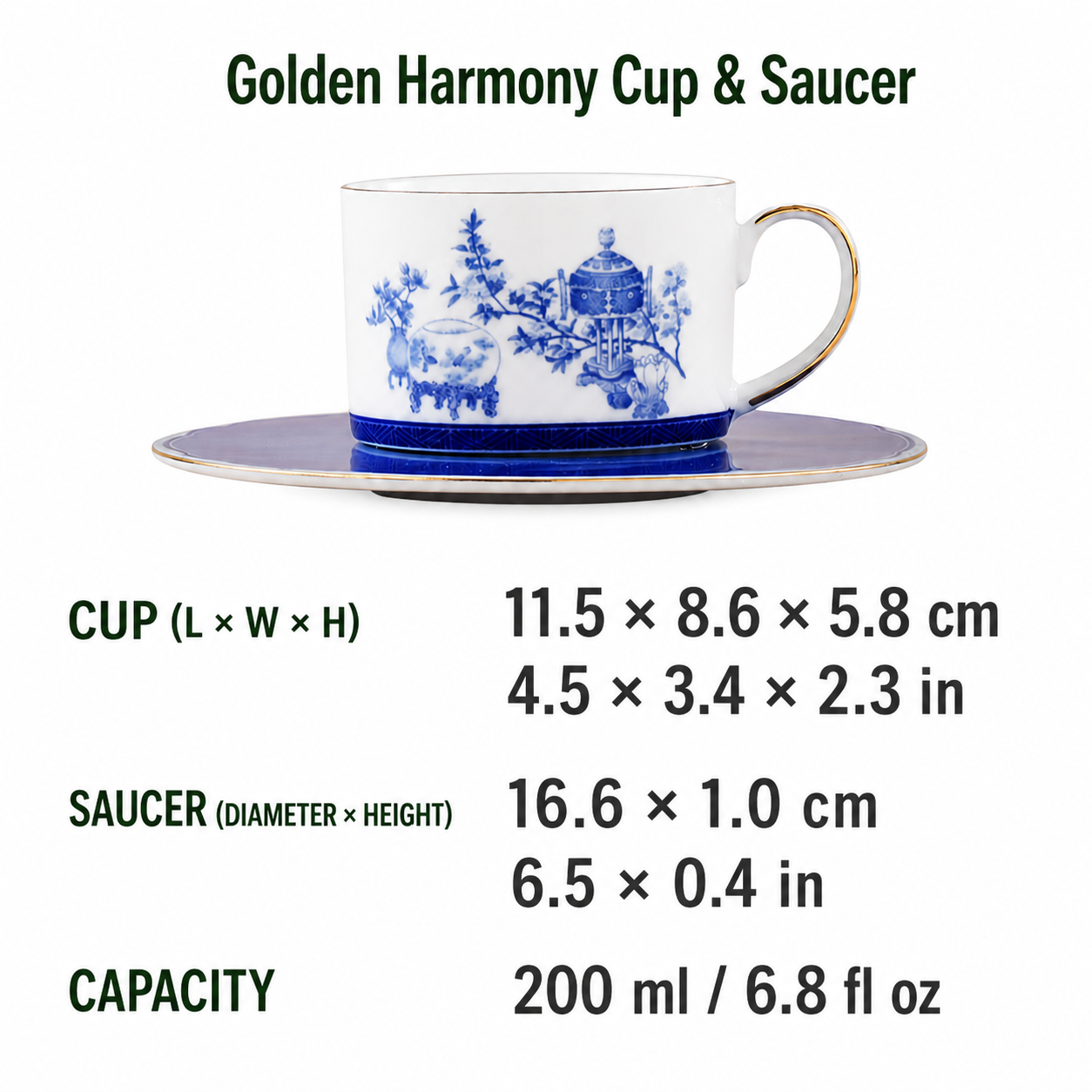 Golden Harmony cup and saucer dimensions and capacity