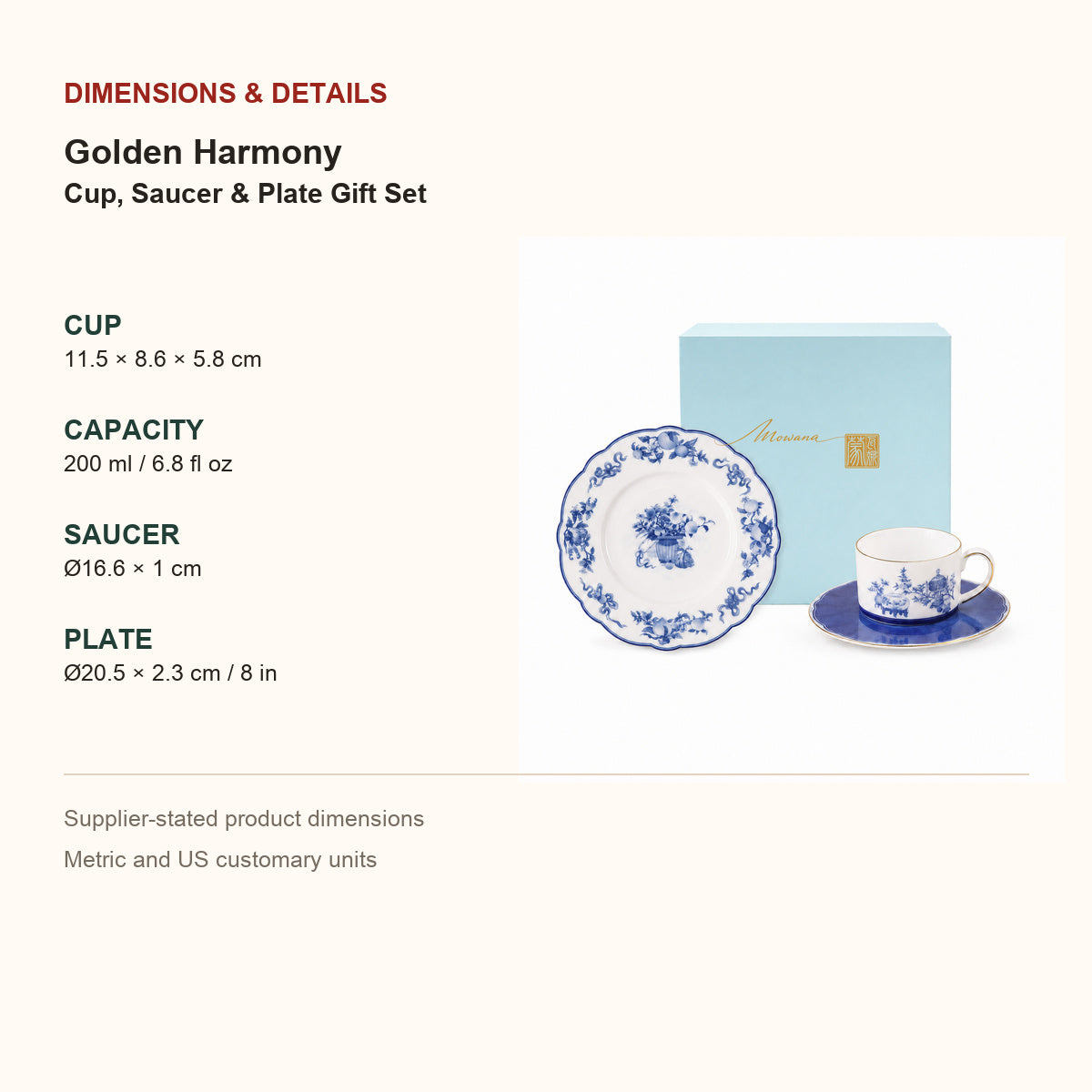 Golden Harmony cup, saucer and plate dimensions