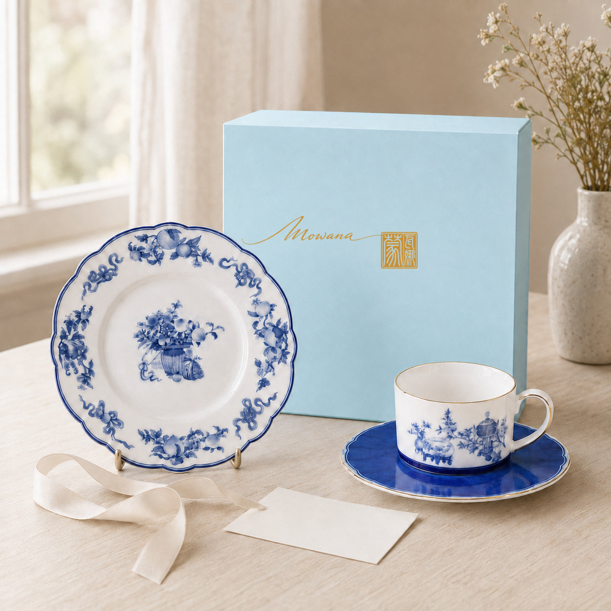 Golden Harmony cup, saucer and plate with MOWANA gift box
