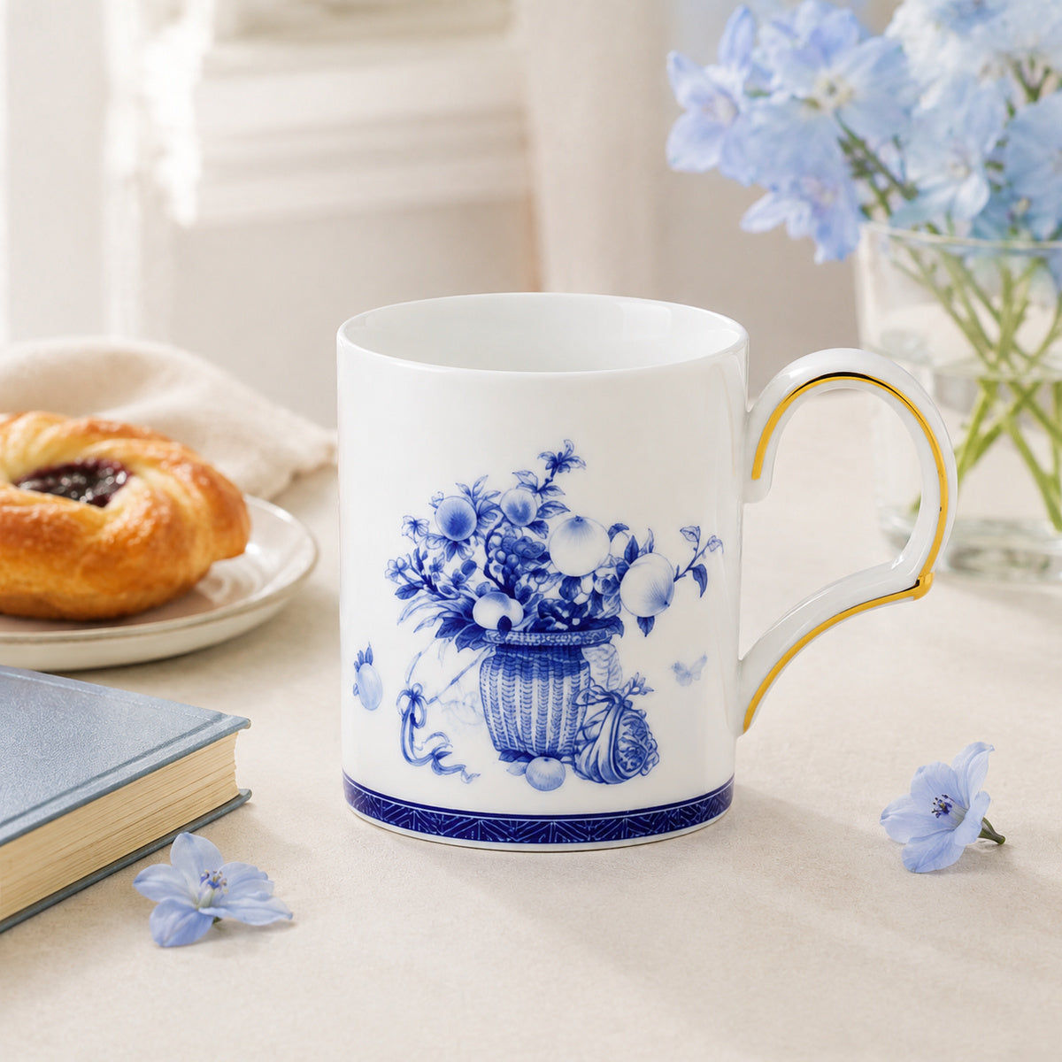 Golden Harmony mug in a breakfast and reading setting