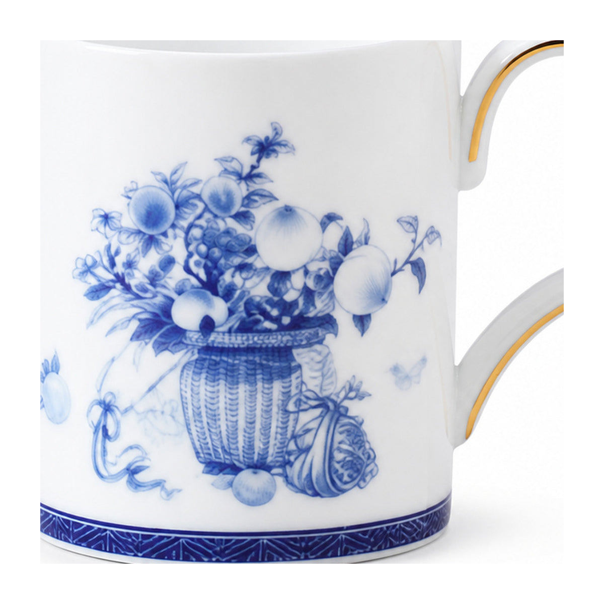 Golden Harmony mug cobalt fruit basket decoration detail