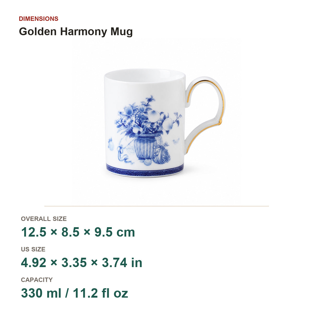 Golden Harmony mug dimensions and capacity on pure white