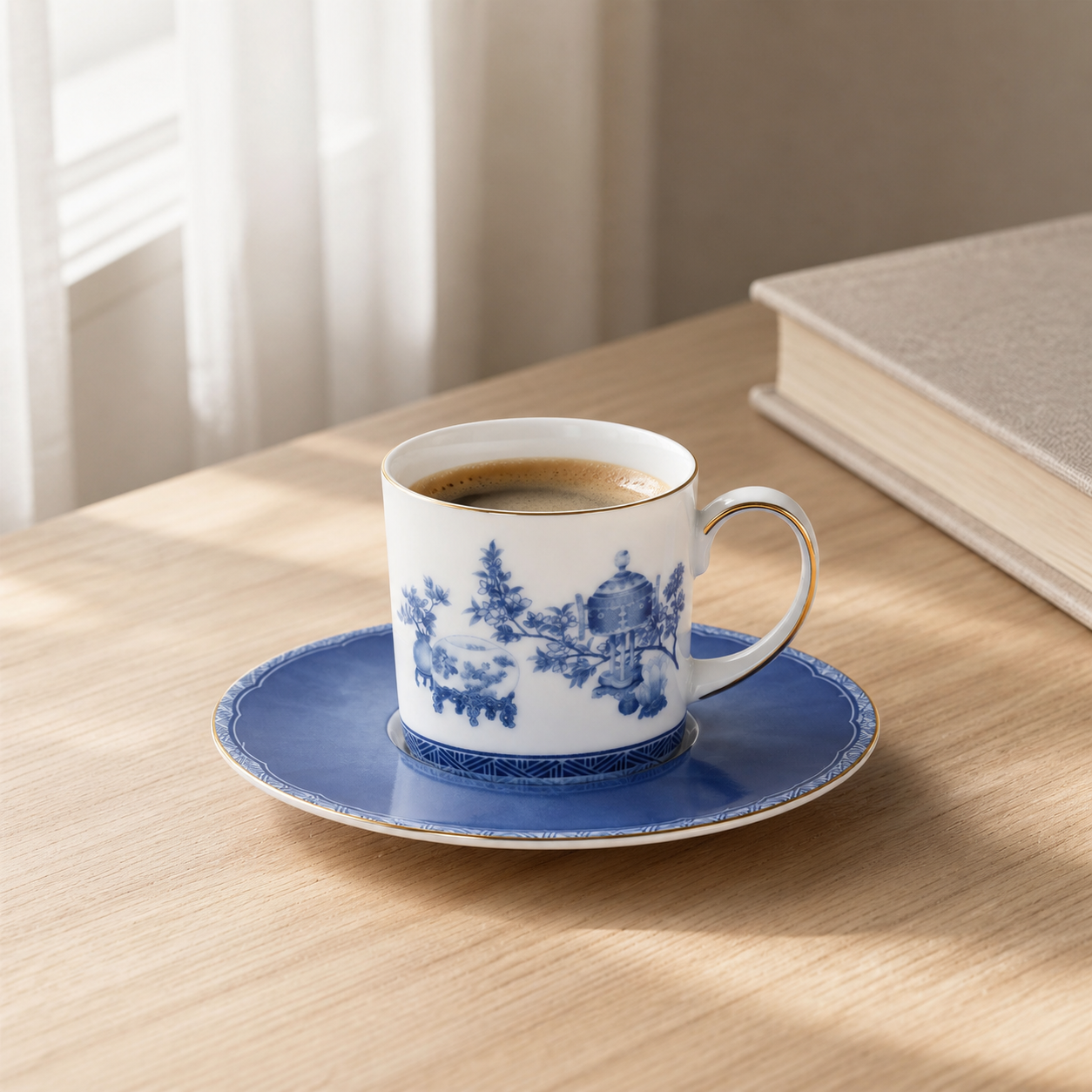 Golden Harmony narrow cup and saucer with morning coffee
