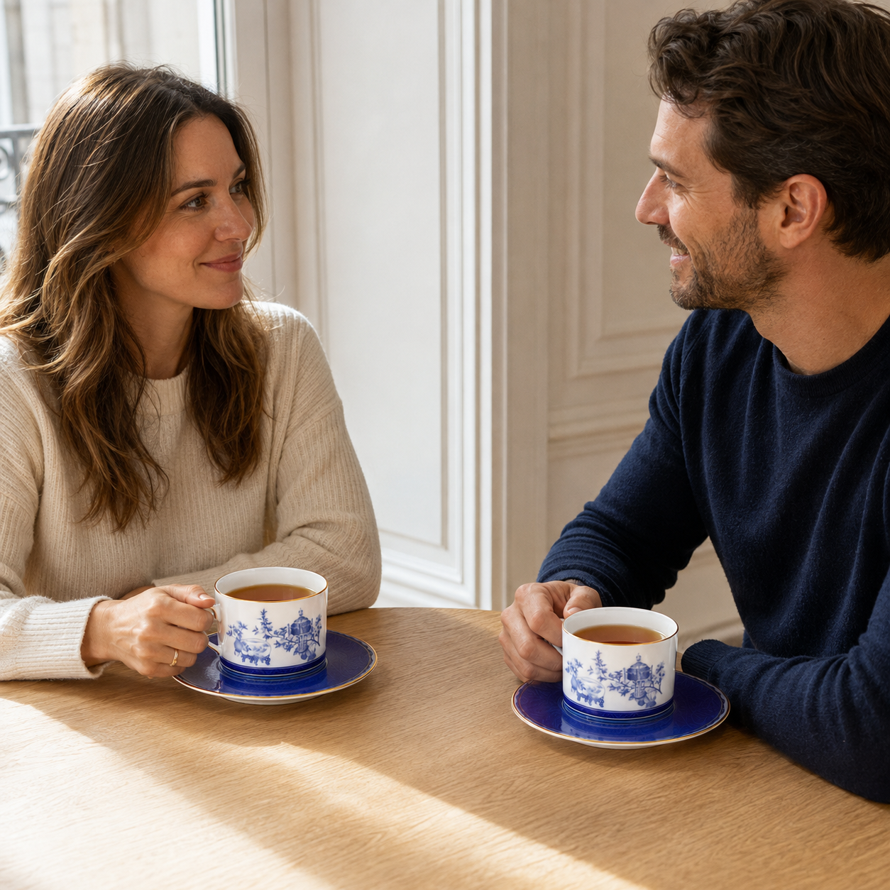 Two people enjoying tea with Golden Harmony cups and saucers