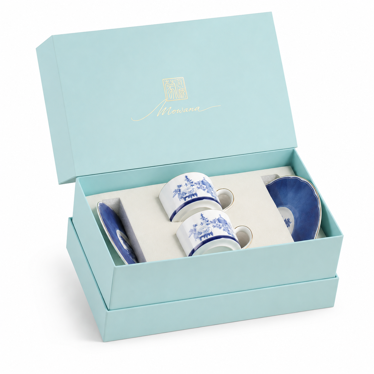 Golden Harmony pair cup and saucer set arranged inside a MOWANA gift box