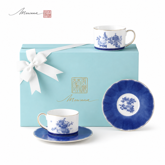Golden Harmony pair cup and saucer gift set in a pale blue MOWANA gift box