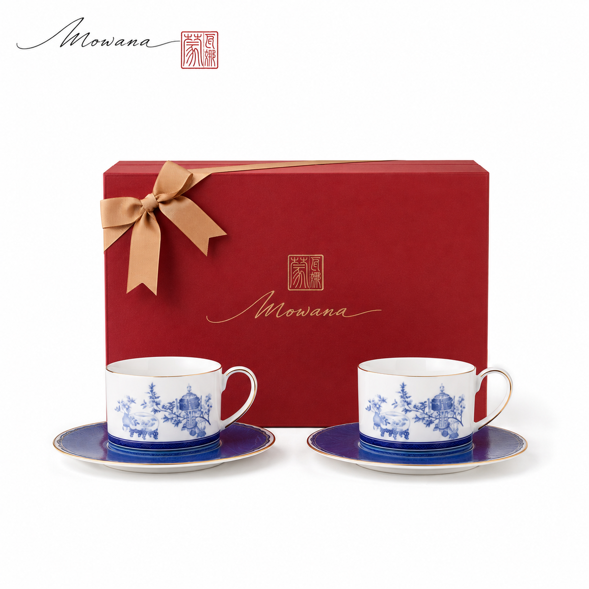 Golden Harmony pair cup and saucer gift set in a red MOWANA gift box