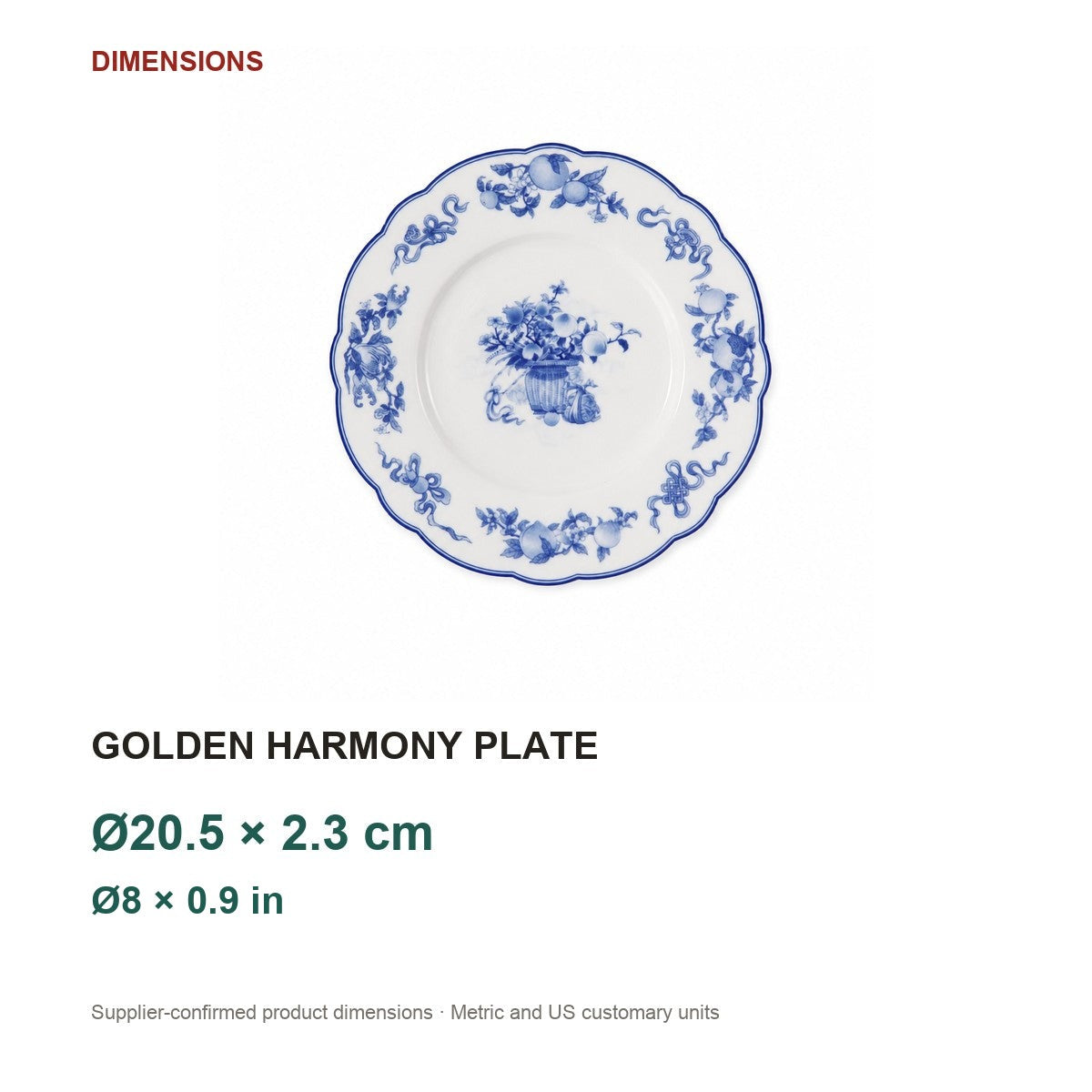 Golden Harmony Plate dimensions: 20.5 cm diameter (8 in) × 2.3 cm high (0.9 in)