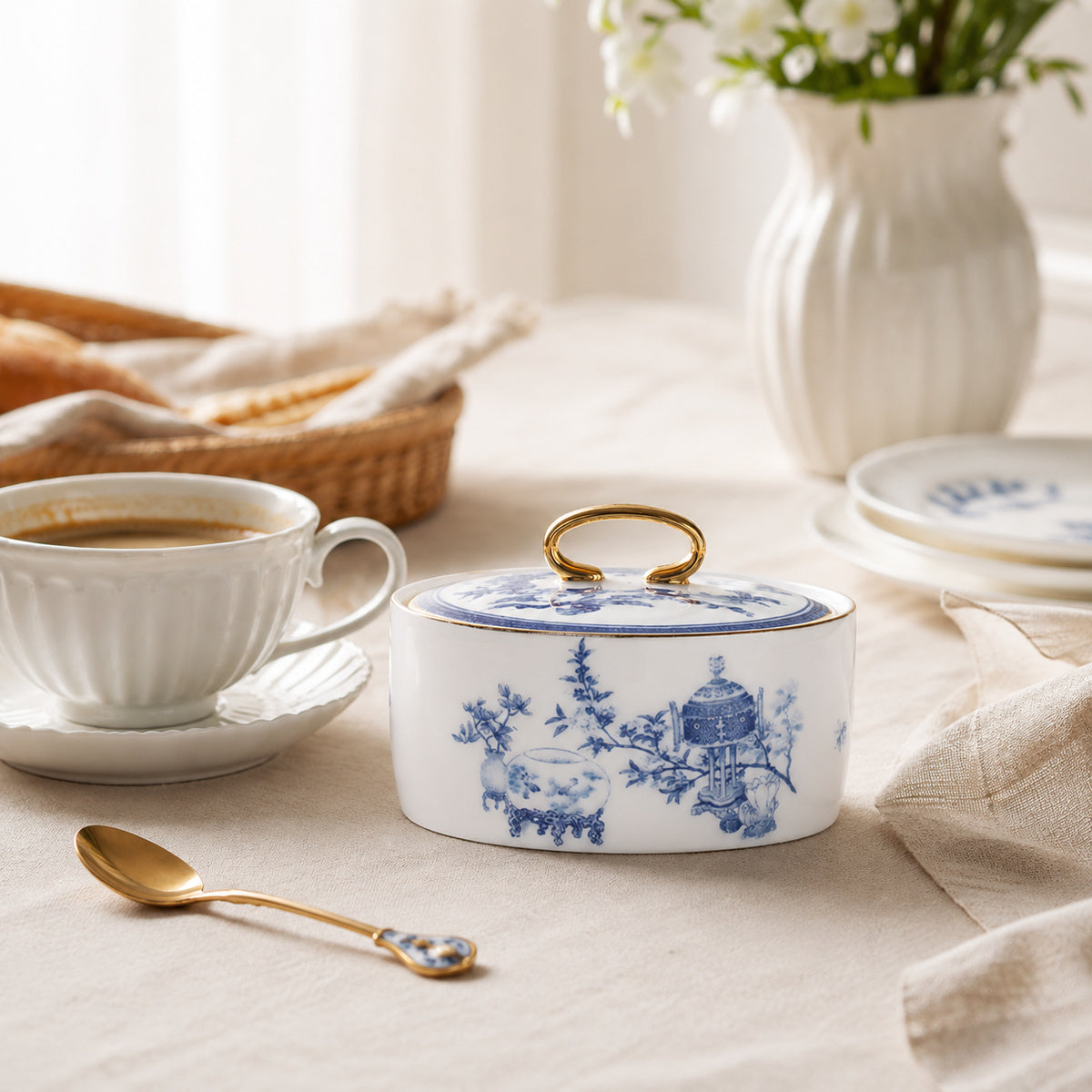 Golden Harmony sugar jar at a bright breakfast coffee table